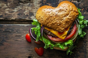 Homemade heart shaped hamburger with beef, tomato and lettuce on wooden background