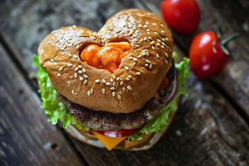 Homemade heart shaped hamburger with beef, tomato and lettuce on wooden background