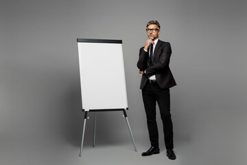 Full body minded pensive adult smart employee business man corporate lawyer he wear classic formal...