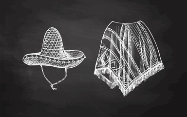Hand-drawn sketch of realistic mexican poncho and sambrero on chalkboard background. Vintage drawing of Latin American national clothes. Mexican culture. - obrazy, fototapety, plakaty