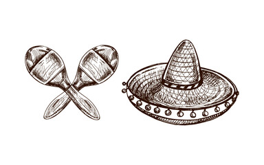 Hand-drawn sketches of maracas and sombrero. Vintage drawing of hat. Vector black ink outline illustration. Mexican culture, clothes, Latin America..