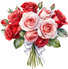 Foto op Canvas Watercolor red pink rose bouquet arrangement tied with white ribbon bow clipart for wedding valentine love theme © khanh my