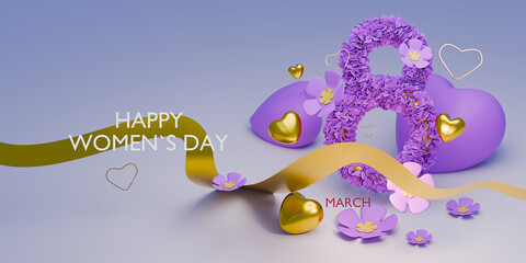 Women's Day background with 3d 8 number, hearts and elegant ribbon. 3d render.