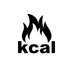 Kcal fire icon. Kilocalories sign. Calorie burn symbol. Diet black symbol. kcal icon, fat burning. Emblem for food products. Vector illustration flat design. Isolated on white background.