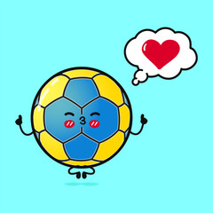 Handball doing yoga with speech bubble. Vector hand drawn cartoon kawaii character illustration icon. Isolated on blue background. Handball ball in love character concept
