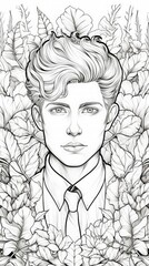 attractive boy. Coloring page for adult, white background. Generative AI	