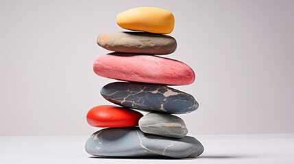 an isolated stack of vibrant rocks on a pristine white surface, highlighting the balance of shapes and colors in this visually appealing arrangement.