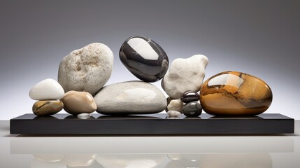 arrangement featuring isolated metallic-colored rocks on a pristine white surface, highlighting the reflective surfaces and modern aesthetic of these unique stones.