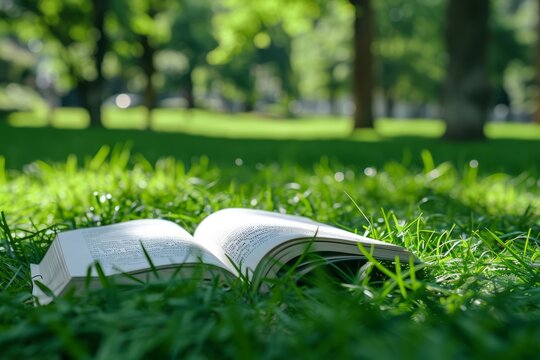 Open book on green grass
