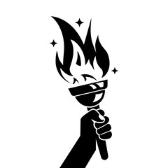 Hand with flaming torch. Sports concept victory. Winner holding golden torch in hand. Vector illustration flat design. Isolated on white background. Symbol of big games, black icon.