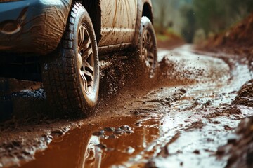 Car tire driving through the mud after rain