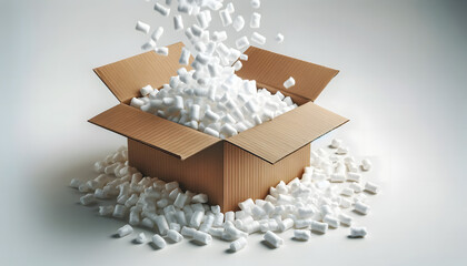Cardboard box overflowing with white packing foam peanuts - obrazy, fototapety, plakaty