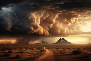Dramatic view of heavy thunder storm coming over the desert Generative AI - obrazy, fototapety, plakaty