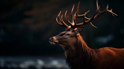 Portrait of a red deer stag with big antlers on dark background