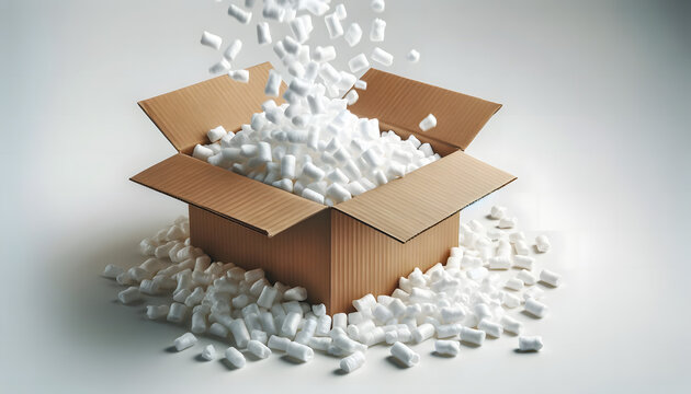 Cardboard box overflowing with white packing foam peanuts