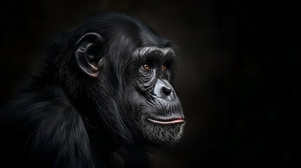 Chimpanzee on a dark background. Portrait of a chimpanzee