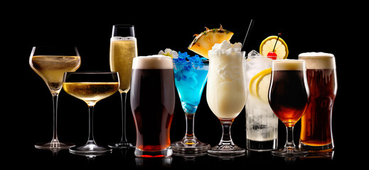 Set and collection of classic alcohol cocktails or mocktail isolated on black background with fresh...
