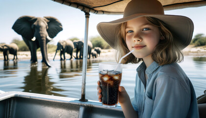 A young girl enjoying a river cruise safari on the Chobe River in Botswana Africa.The area is known for is large herds of elephants . - obrazy, fototapety, plakaty