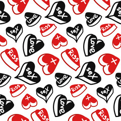 Heart-shaped tablets with a seamless pattern, Vitamins of Love background. The inscription kiss, love, sex. Cute flat doodle illustration for Valentine's day. Seamless texture for gift paper