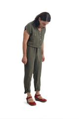 Naklejka premium View of a woman standing looking at the floor searching for something on white background.