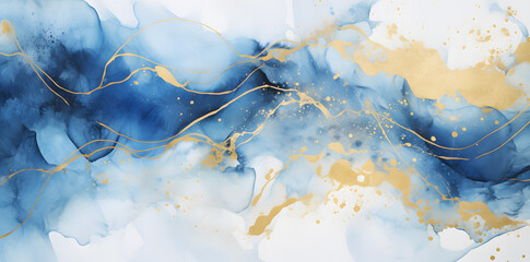 Abstract blue marble texture with gold splashes watercolor background