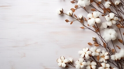 Cotton flowers on its branches on a light background, top view 