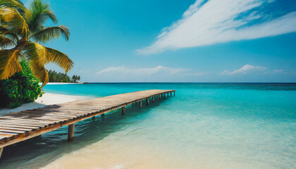 Naklejka premium Paradise beach with a wooden pier and tropical palm trees