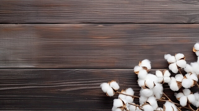 Cotton flowers on its branches on a dark wooden  background, top view 