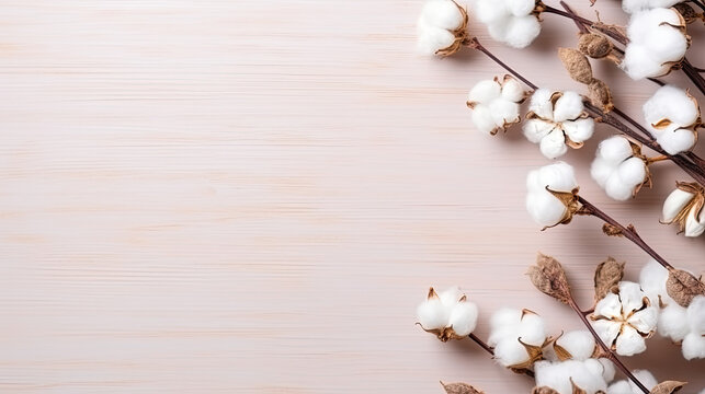 Cotton flowers on its branches on a light background, top view 