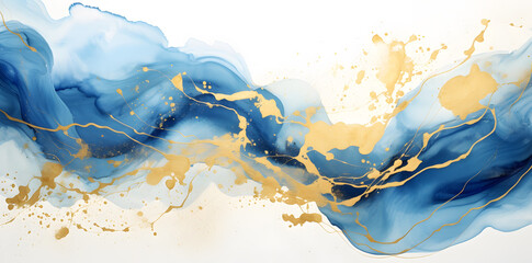 Abstract blue texture with gold splashes watercolor background