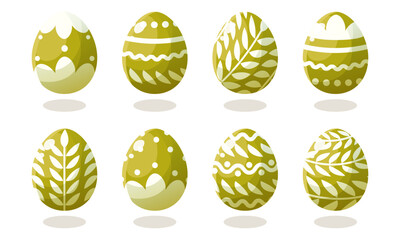 A set of green Easter eggs with different patterns. Vector illustration on a white background. Happy easter. Spring holiday. Collection of decorative Easter symbol. Spring colorful chocolate egg.