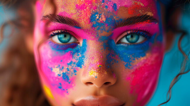 A woman with a colorful face, probably a makeup advertisement or a creative art display. His face is painted with various colors, including pink and blue.