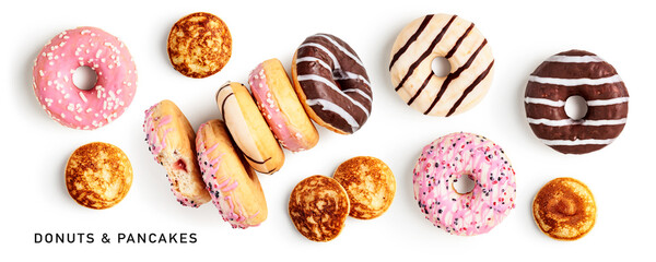 Fototapeta na wymiar Colorful donuts, pancakes set isolated on white background .