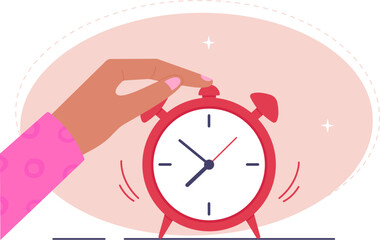 Woman turns off the alarm clock. A person presses a button to snooze an alarm. Vector illustration