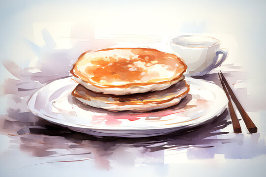 Pancakes on plate with cup of coffee. Watercolor illustration.
