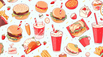 Fast food and beverage seamless texture cutie style