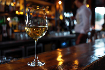 close up of a Glass of white wine with blurred Bartender and bar in the back with empty copy space - obrazy, fototapety, plakaty