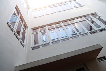 Many windows in the modern building