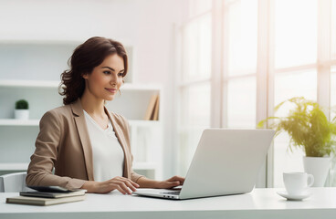 Young woman using laptop computer at home. Created using generative AI tools