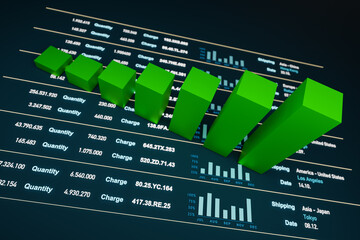 Rising bar chart, financial report. Business, financial figures, data, analyzing, positive growth. 3D illustration