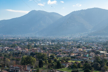 Panoramic view over the hills and the valley around the village Monreale, Italy