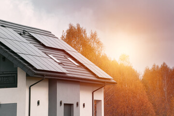 A Photo of a Modern Home with Solar Panels and Autumn Trees. A Showcase of Sustainable Living. A...