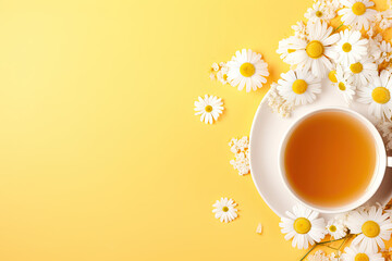 Obraz na płótnie Canvas Top view of camomile tea on a light background, copy space
