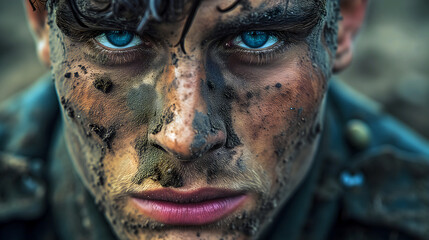 Young soldier with piercing blue eyes and a face smeared with mud, closeup