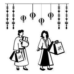 Ladies are holding discounted bags vector design Chinese New Years Eve symbol Year of Dragon sign China Spring Festival scene illustration, Friends are coming back from Shopping for Lunar Year concept