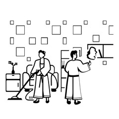 Diligently tidies up their home in preparation vector design, Chinese New Years Eve symbol, Year of the Dragon sign, China Spring Festival, Couple cleaning their house before Lunar New Moon concept