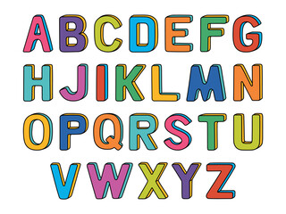 Colorful English alphabet, uppercase letters. Creative childish typeface. Hand drawn vector illustration isolated on white background. Modern flat cartoon style.