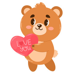 Obraz premium Teddy bear holding a heart. Cute cartoon animal holding heart. For website banner, Sale, Valentine card, cover, flyer or poster trendy vector illustration