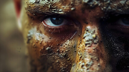 Closeup of a man with an intense gaze, mud and sweat on face - obrazy, fototapety, plakaty