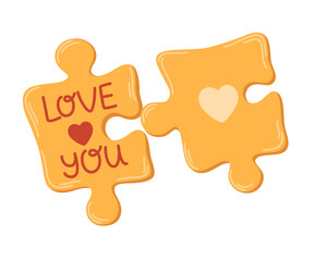 Puzzle with love. Two pieces matched jigsaw. Romantic element. Concept of perfect couple, love, complement each other. vector Illustration for valentine card, wedding, romantic banner. 